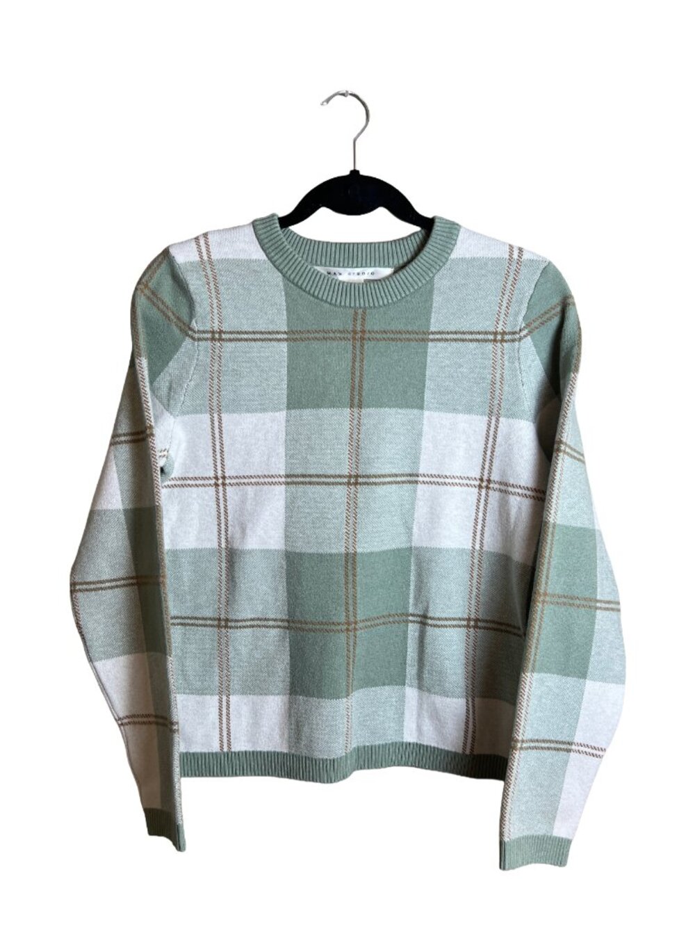 Max Studio Plaid Crewneck Sweater Sage Green Medium